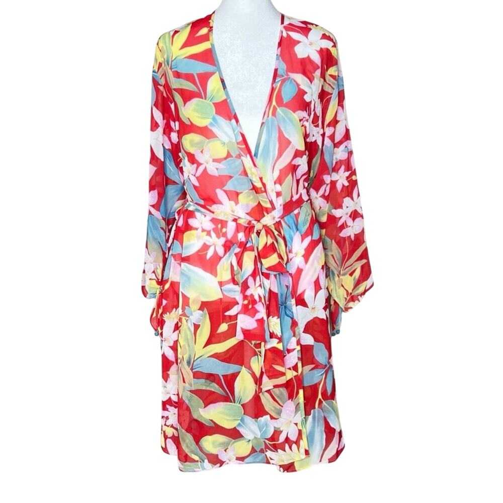 Josie Natori Kimono Robe M Red Sheer Retro Tropical Floral Tie Sleeve Belt Wrap